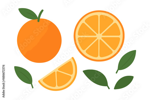 Orange fruit set vector. Citrus slices, leaves, wedge in flat cartoon style. Minimalist icon collection for healthy food, fresh juice, vitamin C. Isolated graphic elements design.