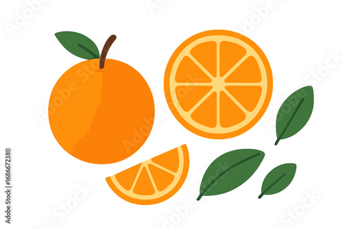 Vector collection of fresh orange fruit. Includes whole citrus, round slice, wedge, and leaves. Flat cartoon icon set isolated on a white background. Healthy food and vitamin C.