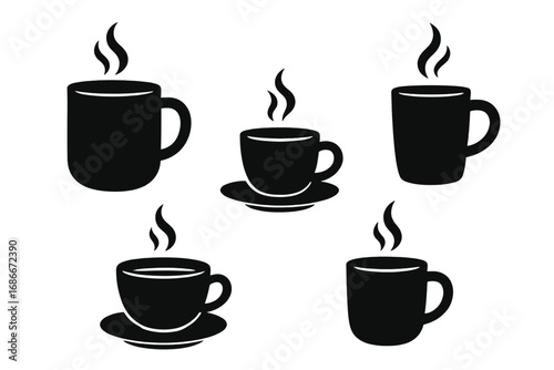 Silhouette Coffee Mugs and Cups Set with Steam, Minimalist Vector Cartoon Illustration, Hot Beverage Icons, Transparent Background, Ordered Collection for Cafe, Drink Lovers