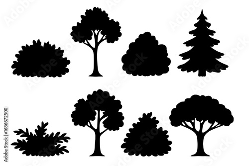 Set of black tree and shrub silhouettes. Vector collection of isolated forest, park, and garden plants. Deciduous, fir, and pine trees. Monochrome nature design element icon.