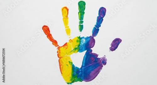 Rainbow handprint art on white background red yellow green blue purple colors visible hand details