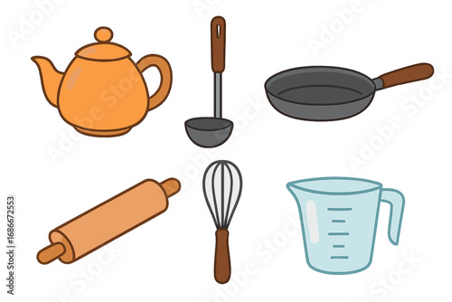 Kitchen tools vector set with teapot, ladle, pan, rolling pin, whisk, measuring cup. Flat cartoon illustration for cooking, baking, and culinary concepts. Cookware icons.