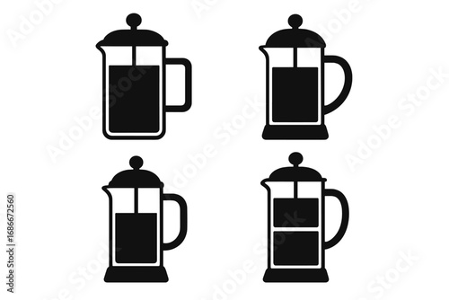Silhouette Collection of French Press Coffee Makers, Black Vector Cartoon Illustrations, Transparent Background, Ordered Set, Coffee Brewing Equipment, Beverage Icons