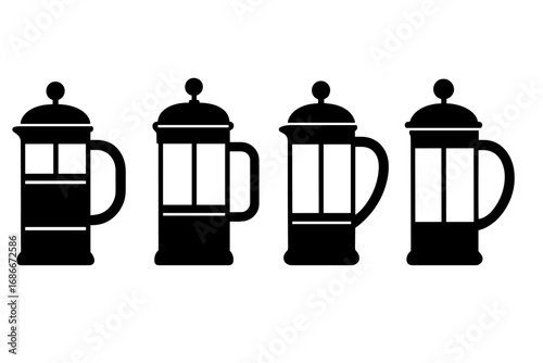 Silhouette collection of French press coffee makers in minimalist black style, vector cartoon illustration with transparent background, ordered set of classic coffee brewing devices