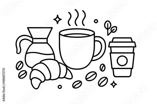 Coffee time vector line icon set. Breakfast concept with croissant, hot drink mug, pour-over pot, takeaway cup. Cafe menu doodle illustration for graphic design, web, apps.