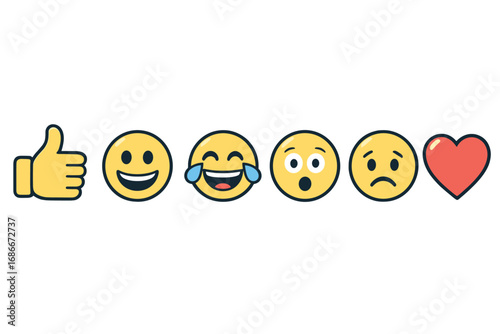 Social media reactions vector emoji set. Cartoon icon collection for user interface feedback. Includes like, love, haha, wow, and sad face emoticons for web and app design.