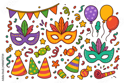 Carnival party decoration set vector illustration. Colorful festive cartoon icons for celebration, birthday or Mardi Gras. Mask, balloon, confetti, party hat and candy collection.
