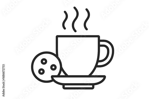 Coffee time line icon. Hot drink mug with steam and cookie. Simple vector illustration for cafe menu, breakfast, web design, app. Tea break symbol. Minimal outline pictogram.