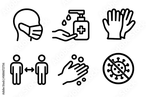 Hygiene and safety line icon set for virus prevention. Health protection concepts. Vector illustration of face mask, social distancing, hand washing, sanitizer and gloves.