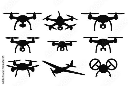 Silhouette drone set in various shapes and innovative designs for versatile aerial uses, vector cartoon illustration with transparent background, ordered set of flying drones