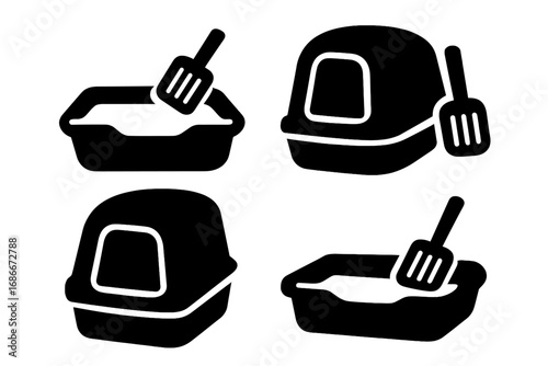 Silhouette icons of cat litter boxes with scoops and covers, vector cartoon illustration set, pet care essentials, transparent background, feline hygiene accessories, isolated elements