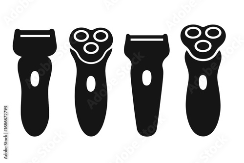 Silhouette icons of electric razors and shavers in multiple designs, vector cartoon illustration set with transparent background, grooming tools collection for men and personal care