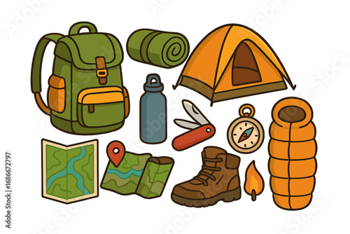 Outdoor adventure and camping equipment icon set. Vector collection of hiking essentials: backpack, tent, sleeping bag, compass, map, boots. Travel and exploration gear.