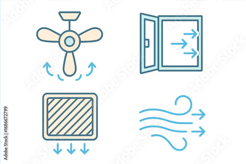 Home ventilation icon set. Fan, window, air filter, airflow symbols. Fresh air circulation, cooling, purification concept. HVAC system vector line art cartoon illustration.
