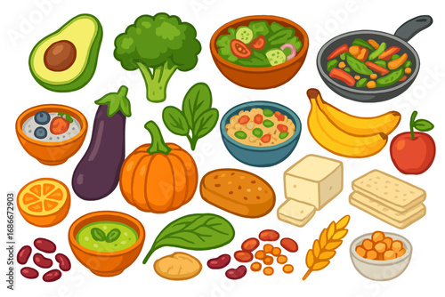 Big healthy vegan food set. Large collection of plant-based ingredients for a vegetarian diet. Cartoon vector illustration with fruit, vegetables, tofu, legumes and grains.