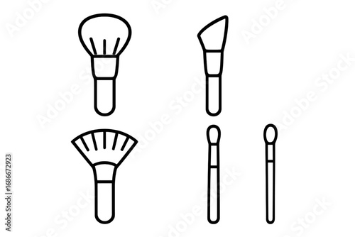 Makeup brush line icon set. Vector cosmetic tools collection. Beauty outline symbols for graphic design, web, and apps. Includes powder, fan, angled, and applicator brushes.