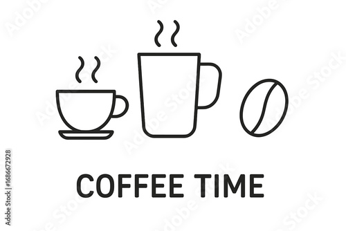 Coffee time vector icon collection. Outline symbols of a hot coffee cup, mug, and bean. Minimalist linear illustration for cafe menu, web design, app, logo, branding, advertising.