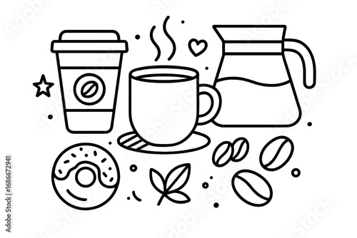 Coffee time doodle icon set. Simple outline collection of coffee shop elements. To-go cup, hot mug, pot, donut, beans. Minimalist line art vector for a cafe menu or logo design.
