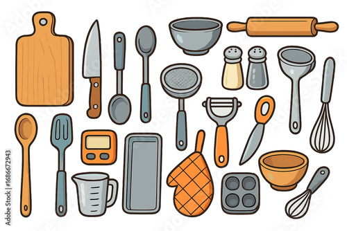 Kitchen utensils set. Cooking and baking tools collection. Vector cartoon icons for meal preparation. Culinary equipment essentials. Kitchenware, knife, spoon, whisk illustration.