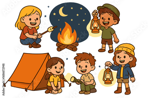 Kids camping adventure collection. Set of cartoon children at night with campfire, tent, roasting marshmallows, and holding lanterns. Summer camp outdoor fun vector illustration.