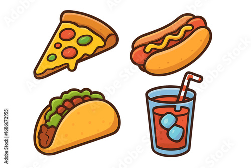 Fast food cartoon icon set. Vector illustration of pizza slice, hot dog, taco, and soda drink. Colorful graphic elements for restaurant menu, delivery service or junk food concept.