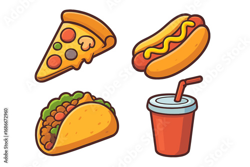 Fast food vector icon set. Pizza slice, hot dog, taco, and soda drink. Cartoon junk food illustration collection for menu, sticker, or web. Flat design graphic elements.