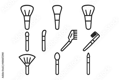 Makeup brush line icon set. Collection of cosmetic and beauty tool outline signs. Vector graphic elements for web design, app, salon. Make-up artist accessory symbols.