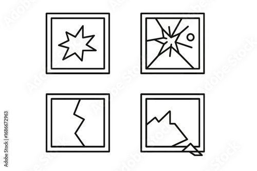 Broken window line icon set. Shattered glass, crack, and damage symbols. Vandalism and accident concepts. Minimalist outline vector illustration for web, app, UI, UX design.