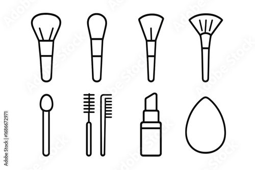 Set of beauty and makeup line icons. Cosmetic brush, lipstick, blending sponge, applicator vector outline signs. For graphic and web design, apps, ads. Makeup artist tools.