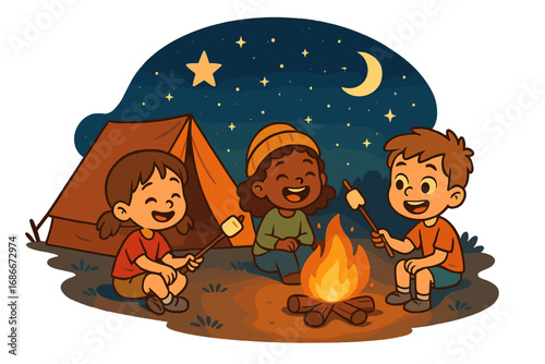 Happy diverse kids camping, roasting marshmallows on a campfire by a tent under a starry night sky. Vector cartoon illustration of multicultural friends enjoying summer camp.