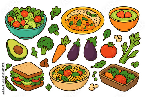Set of colorful plant-based foods and vegan meals. Healthy eating concept with salad, sandwich, pasta, and fresh vegetables. Vector cartoon illustration for diet and nutrition.