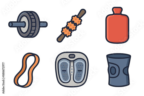 Fitness and recovery equipment icon set. Ab roller, massager, hot water bottle, resistance band, foot spa, knee support. Vector cartoon illustration for workout and wellness.