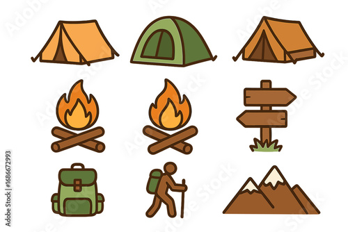 Camping and outdoor activity icon set. Vector collection of hiking, adventure, and nature symbols. Includes tent, campfire, mountain, backpack, signpost, and hiker illustrations.