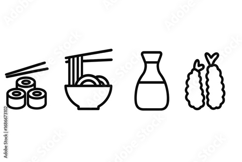 Japanese food line icon set. Vector collection of Asian cuisine symbols: sushi, ramen noodles, tempura shrimp, and soy sauce. Minimalist outline graphic elements for design.