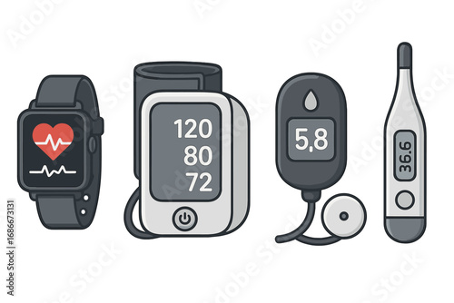Medical devices icon set for health monitoring. Smartwatch with heart rate, blood pressure meter, glucometer for diabetes test and digital thermometer. Healthcare technology vector.