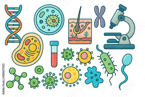 Biology icon set. Science, genetics, microbiology concepts. Vector collection with DNA, cell, virus, bacteria, chromosome, microscope for education, medical, laboratory design.