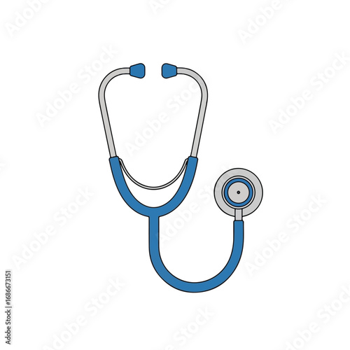 A simple cartoon illustration of a blue and grey medical stethoscope isolated on a white background.