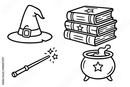 Magic witch set line art. Witchcraft collection with hat, spell books, magic wand, and cauldron with potion. Vector cartoon illustration for Halloween. Wizard fantasy icons.