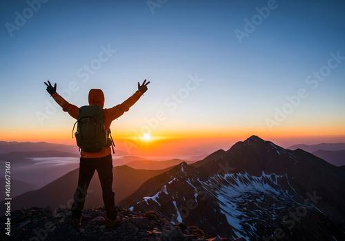 Man with backpack celebrating sunrise on snowy mountain top with arms up