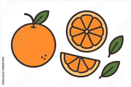 Set of fresh orange fruit icons. Whole, slice, and wedge of citrus with leaves. Vector cartoon illustration in flat minimalist style. Healthy food, vitamin C concept. Isolated.