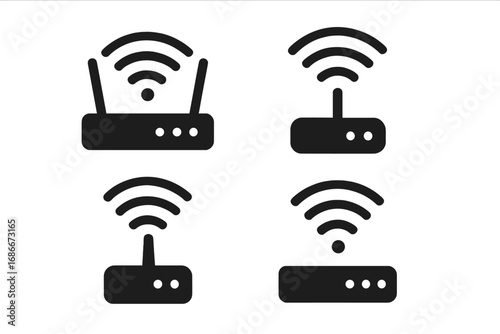 Silhouette icons of wireless routers with WiFi signal symbols, vector cartoon illustration, transparent background, ordered set for technology design and network concepts