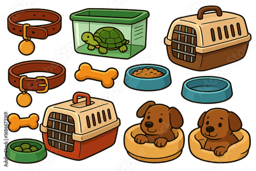 Pet shop supplies collection for dogs and turtles. Vector cartoon set with puppy, collar, food bowl, bone, carrier cage and terrarium. Animal care accessories for vet clinic.