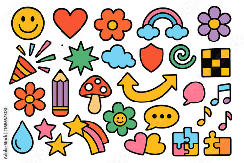 Retro 90s cartoon sticker pack. Groovy doodle icon set with smile, heart, flower, rainbow, mushroom. Y2K comic vector graphic elements for creative design projects. Fun pop art.