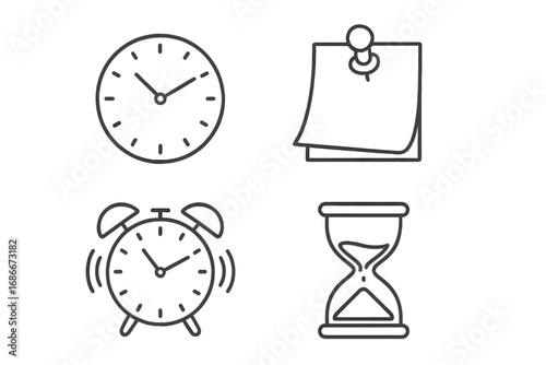 Time management icon set. Thin line vector icons of clock, alarm, hourglass, and reminder note. Concepts for deadline, schedule, planning, and web interface design.