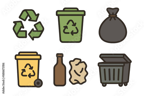 Recycling and waste management vector icon set. Flat design cartoon symbols for ecology and sustainability. Garbage sorting and disposal. Trash can, bin, dumpster, bag, bottle.