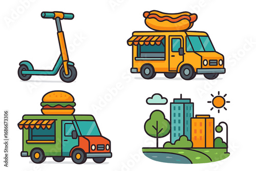 Set of vector icons. Food truck with hamburger and hot dog. Urban street food concept. Electric scooter for rent or delivery. Cityscape with park, buildings and sun. Cartoon style.