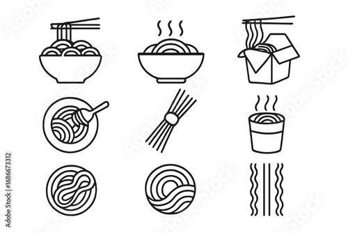 Noodle line icon set. Pasta, ramen, spaghetti symbols. Chinese, Japanese, Asian food concept. Minimalistic pictograms for restaurant menu, delivery app, web and graphic design.
