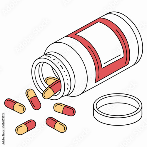 An isolated illustration of medication capsules spilling from a bottle