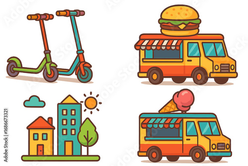 Set of colorful vector icons. Urban life elements. Electric scooter sharing, street food festival. Food truck with burger and ice cream. Cityscape with buildings. Flat cartoon.