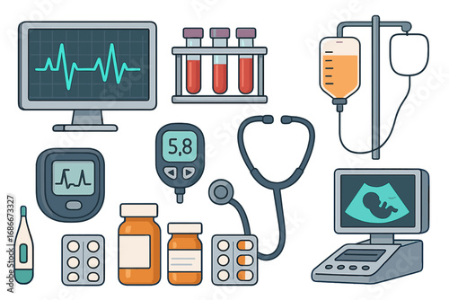 Set of medical equipment icons. Healthcare technology elements for analysis, treatment. Hospital tools for cardiology, diabetes, blood test. Pharmacy, ultrasound vector cartoon.